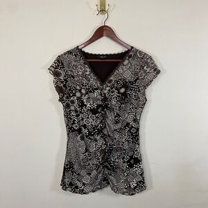 Vintage Y2K Style & Co Brown Floral Print Sheer Top Lace Trim V Neck Blouse‎